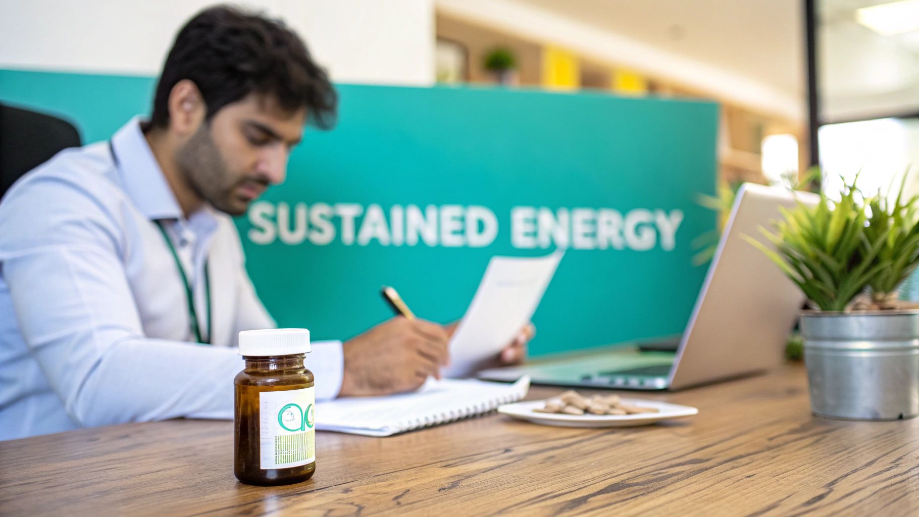 A man works at a desk with a supplement bottle, laptop, and 'SUSTAINED ENERGY' sign.