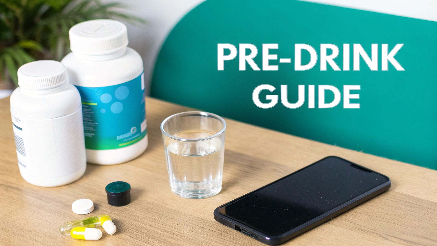 A pre-drink guide with supplement bottles, pills, water, and a phone on a wooden table.