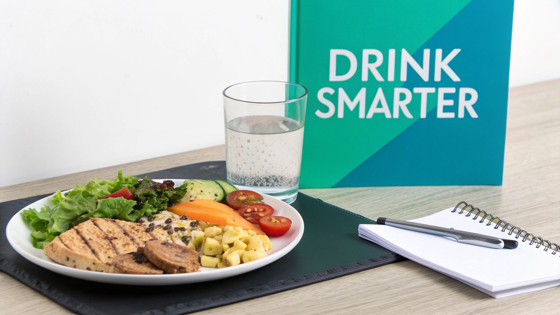 A balanced, healthy meal with grilled protein, fresh salad, vegetables, a glass of water, and a wellness book.