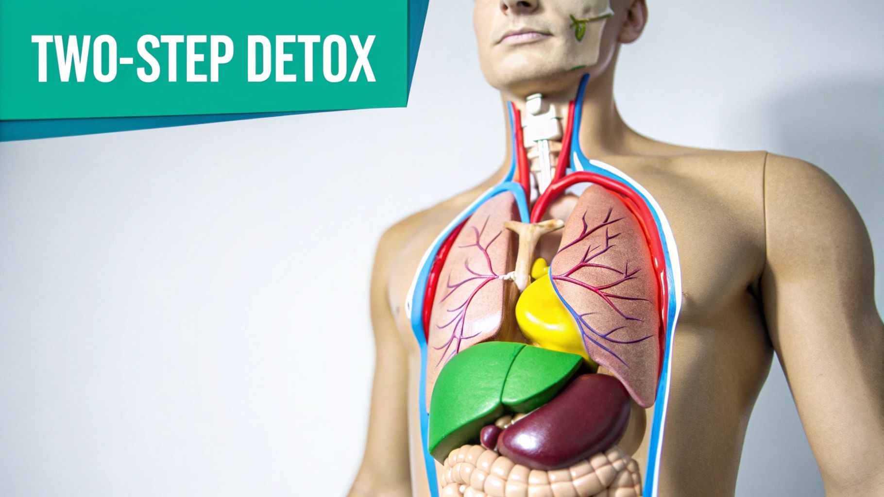 A human anatomical model revealing internal organs like lungs, liver, stomach, and intestines, with a 'TWO-STEP DETOX' banner.