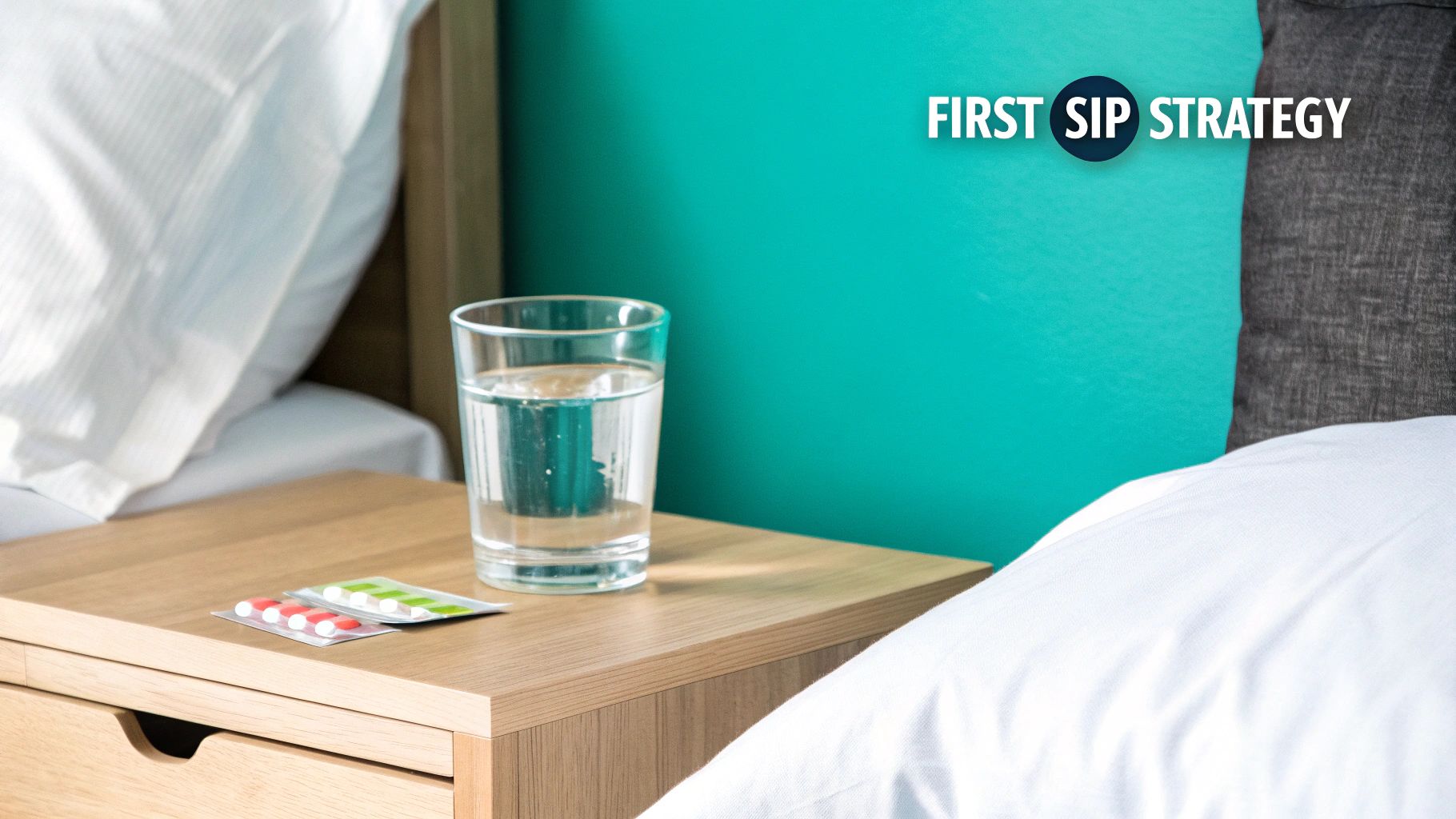 A glass of water and two blister packs of pills on a wooden nightstand next to a bed.