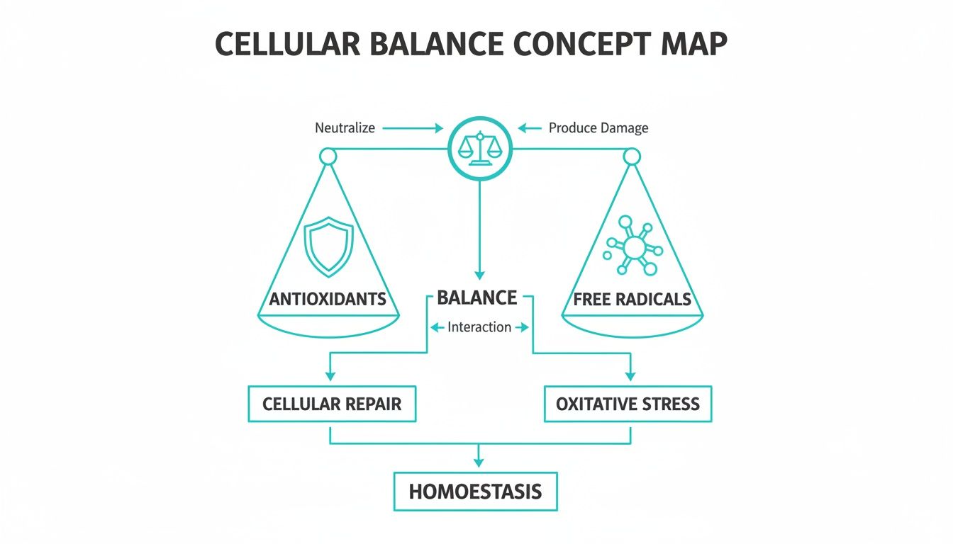Concept map illustrating cellular balance between antioxidants and free radicals, leading to repair and homeostasis.
