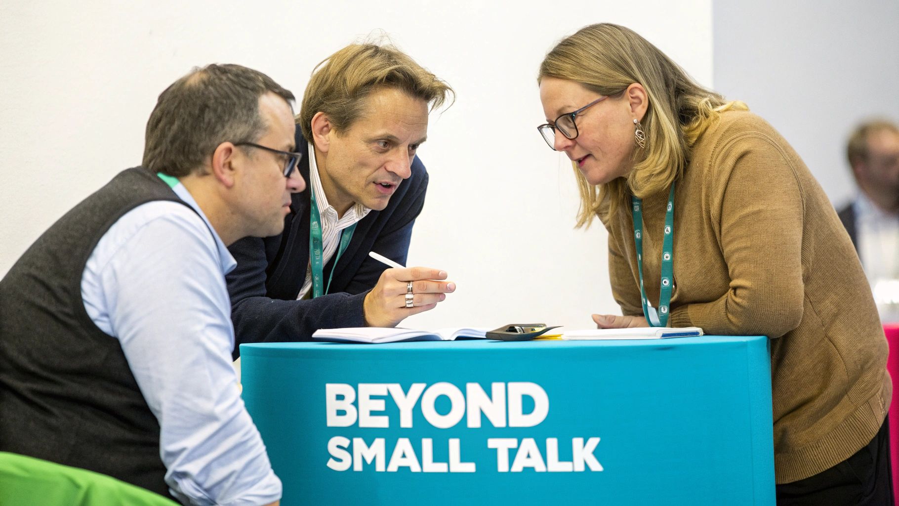 Three professionals engaging in a lively discussion at a conference booth labeled 'BEYOND SMALL TALK'.