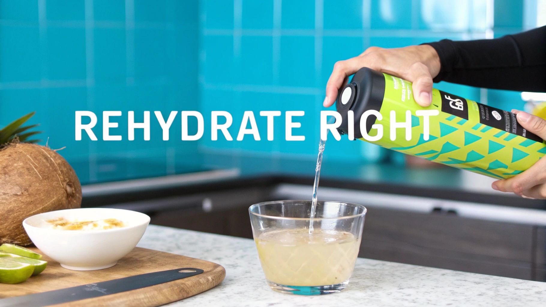 Person pouring a hydrating drink from a green bottle into a glass with coconut and lime nearby.