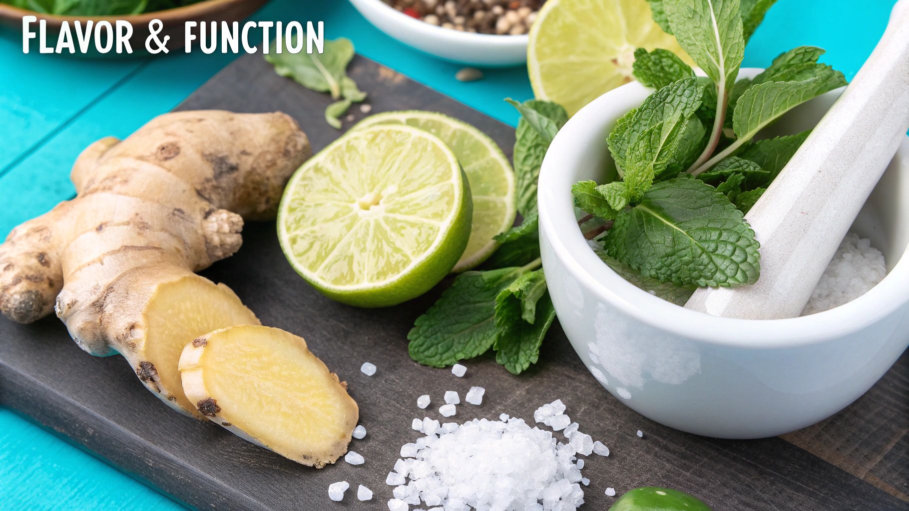 A cocktail being garnished with fresh ginger, mint, and lime wedges on a bar top.