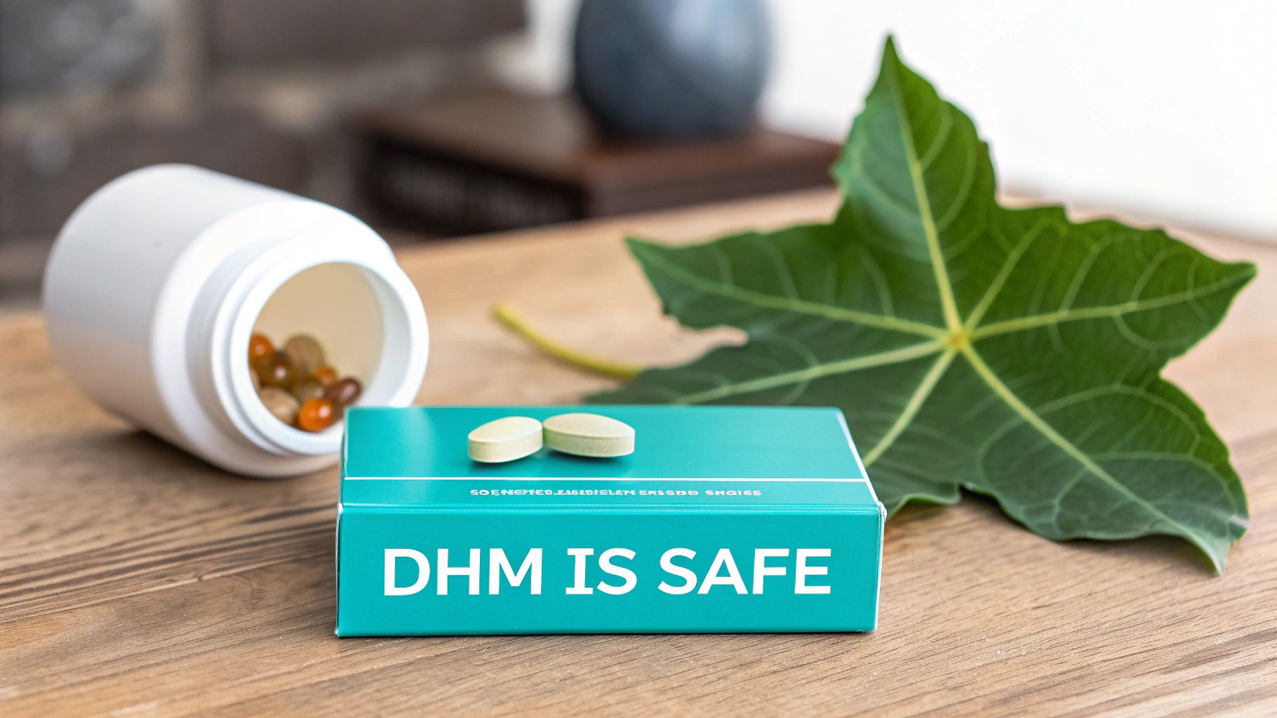 Pills spilling from a bottle, two light pills on a 'DHM IS SAFE' box, and a green leaf.