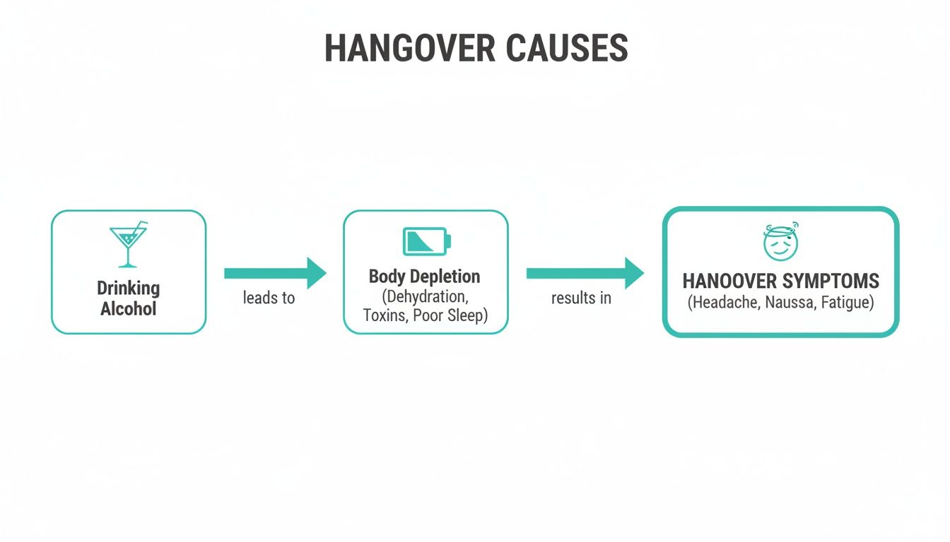 Flowchart illustrating how drinking alcohol causes body depletion, resulting in hangover symptoms.