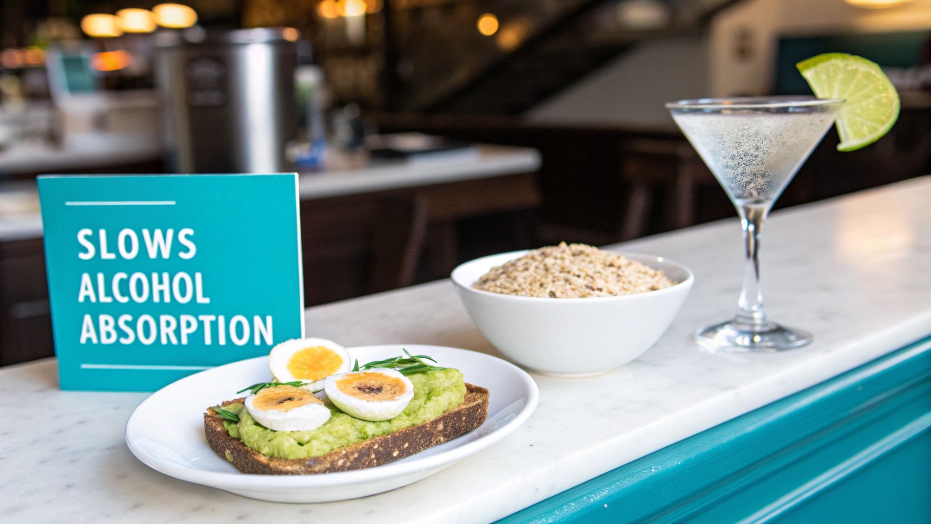 A plate of avocado toast with hard-boiled eggs and a sign promoting slowing alcohol absorption.