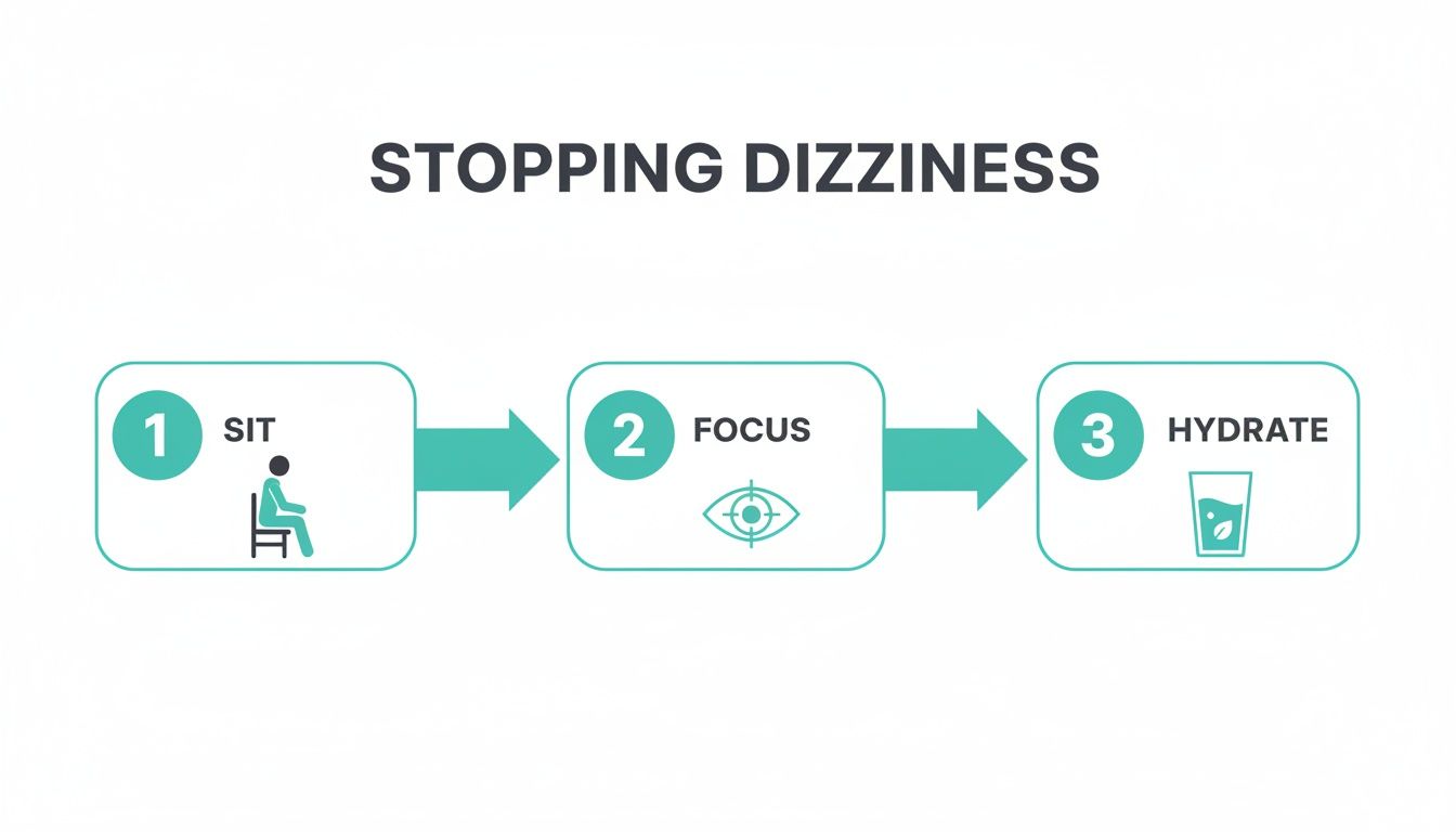 A three-step infographic outlining how to stop dizziness by sitting, focusing, and hydrating with icons.