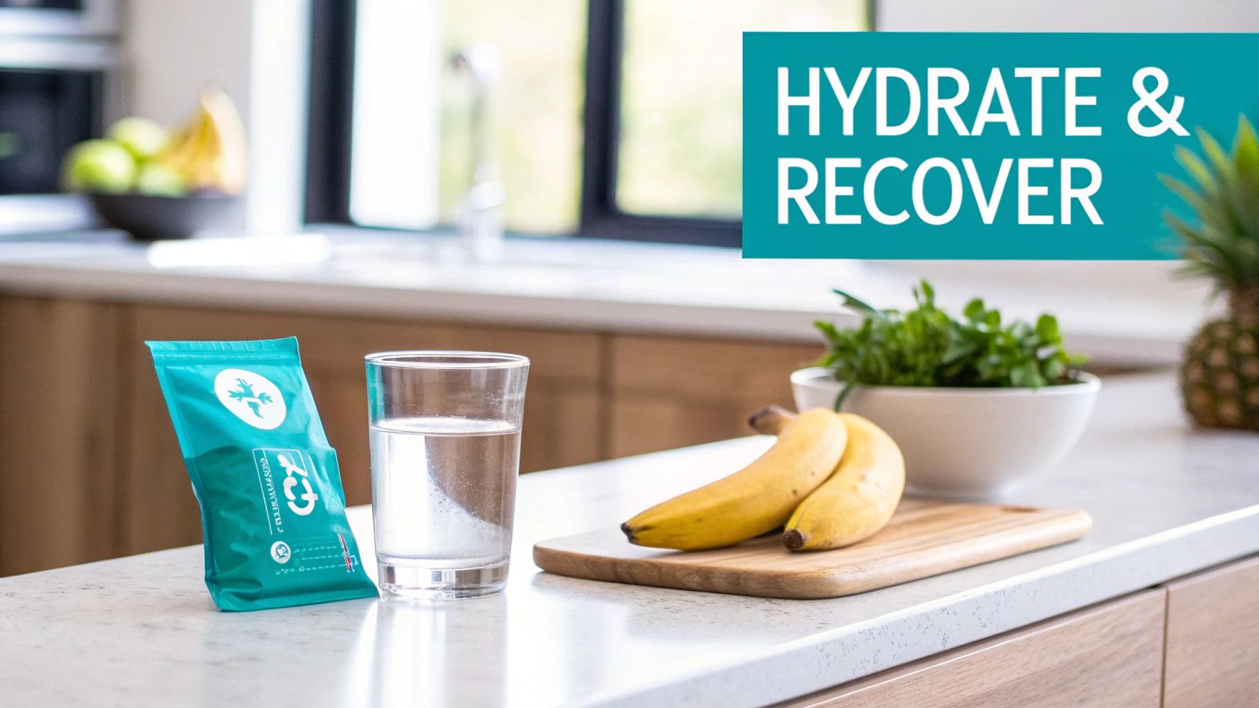 A turquoise drink mix packet, glass of water, bananas, and greens on a kitchen counter for hydration and recovery.