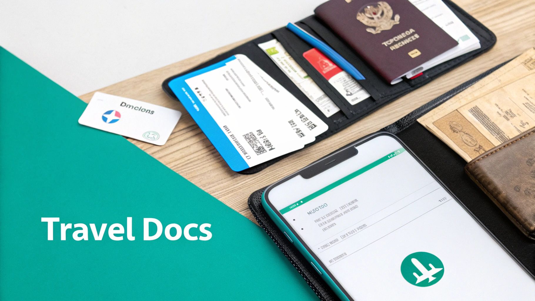 A flat lay of essential travel documents, including a passport, boarding passes, and a smartphone with a travel app.