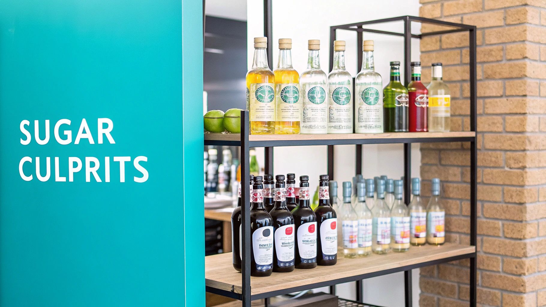 A shelf display featuring various bottles of beverages, limes, and a sign reading 'SUGAR CULPRITS' on a turquoise panel.