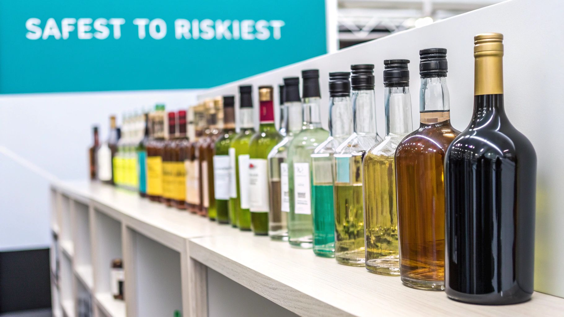 A row of different alcoholic drinks in glasses, from clear vodka to dark red wine.