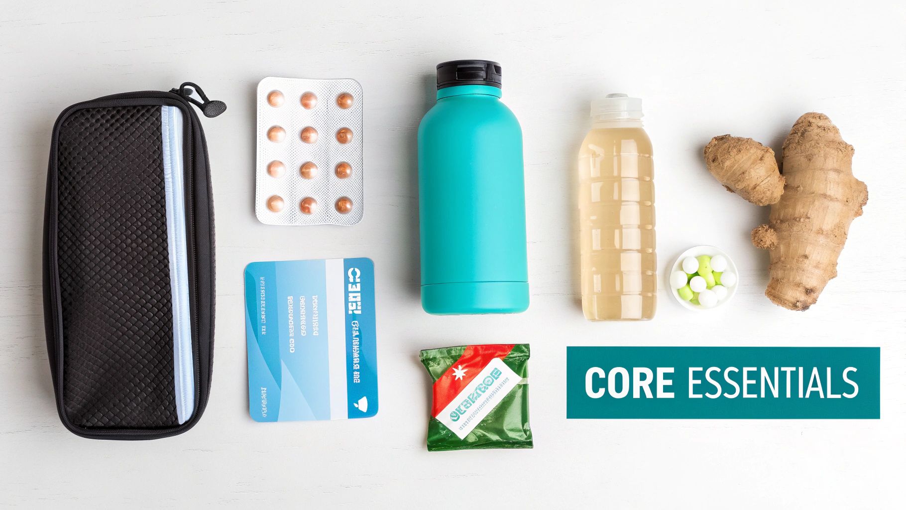 A top-down view of a DIY hangover kit including ginger, pills, and drinks on a white surface.