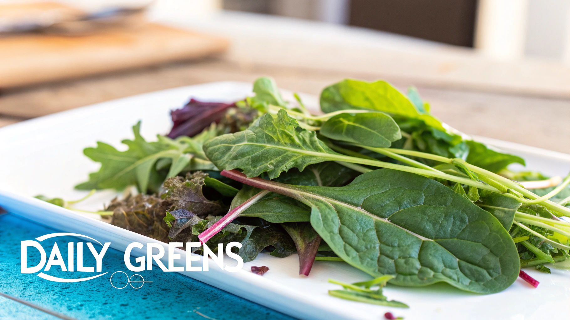 A fresh mix of healthy green and red leafy salad vegetables on a white plate, with a 'DAILY GREENS' logo.