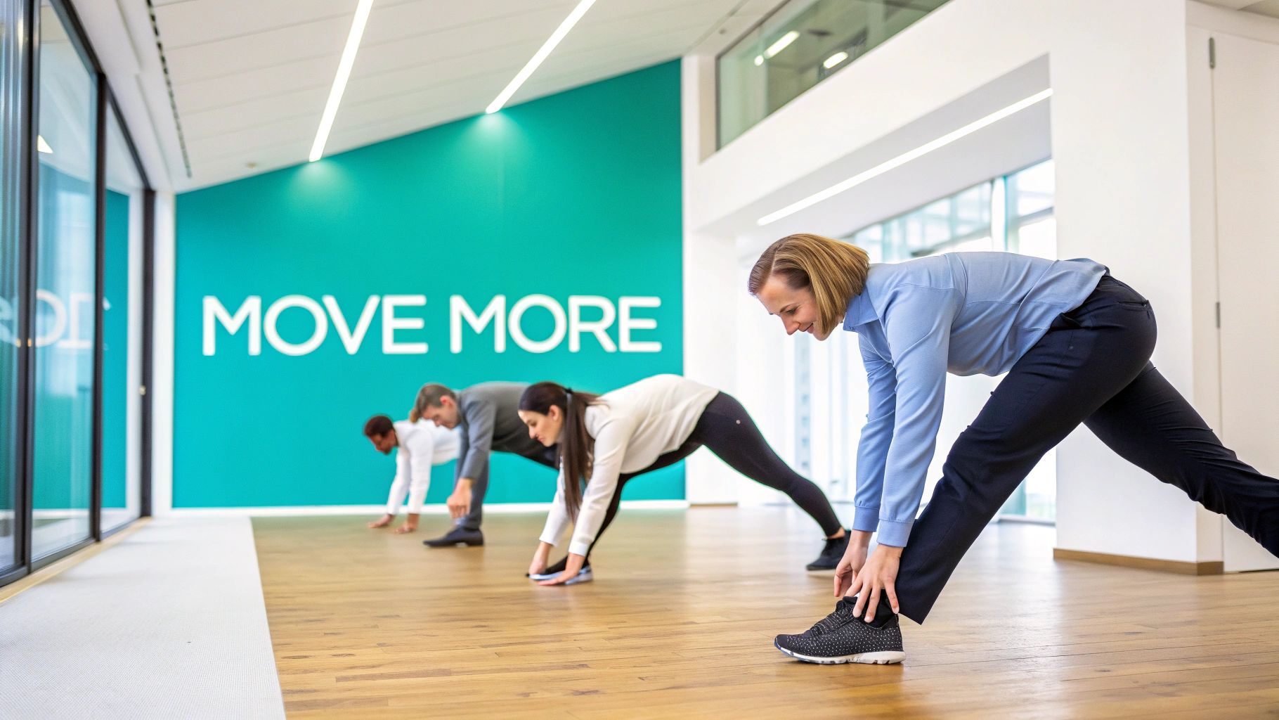 Diverse group of office workers doing stretches on a wooden floor with a 'MOVE MORE' sign.