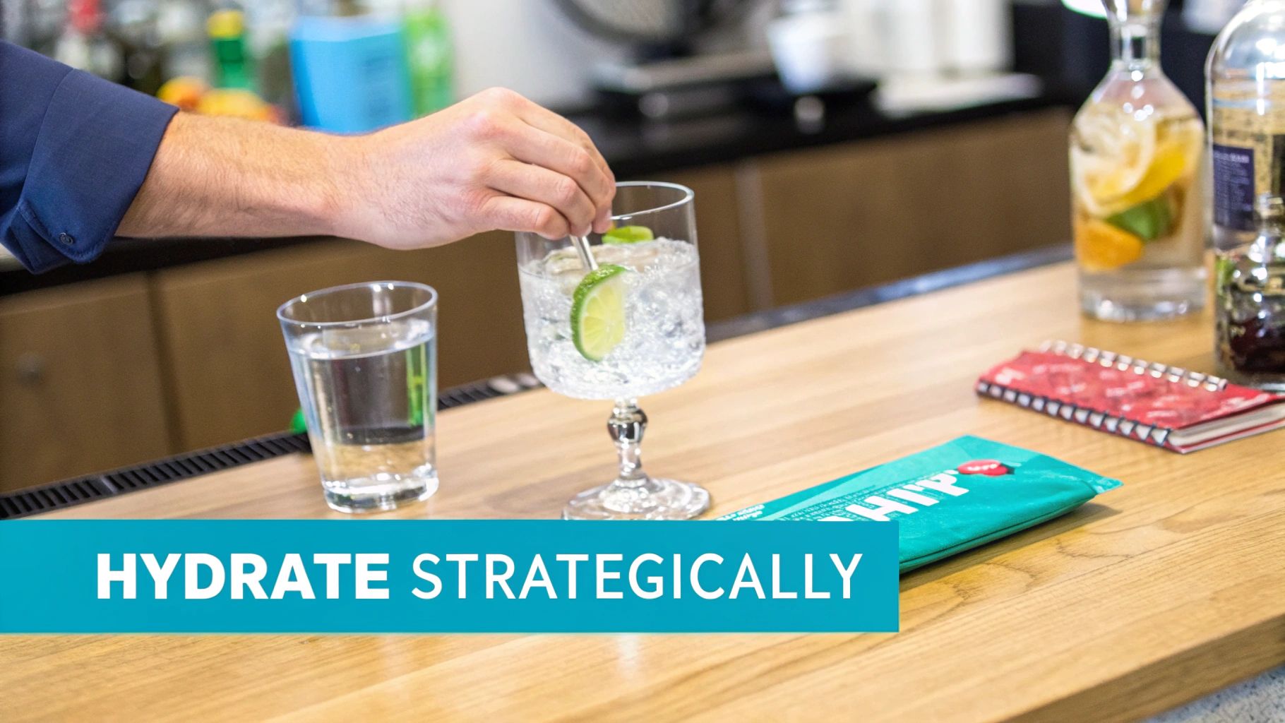 A glass of water with a lemon slice next to it, on a clean, bright background.