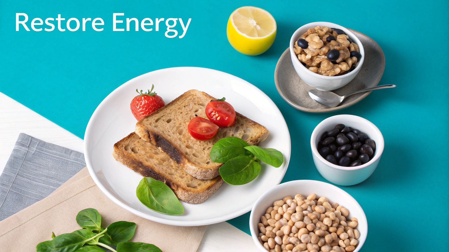 A vibrant display of healthy energy-boosting foods including toast, berries, nuts, and beans.