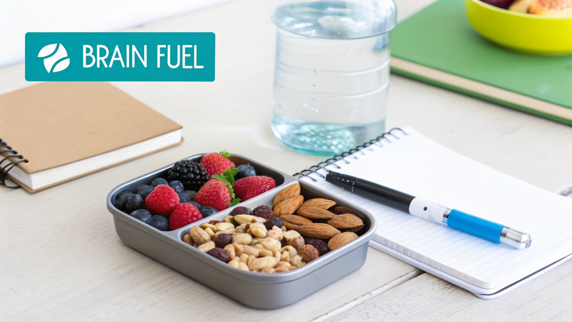 A bento box with fresh berries and trail mix, labeled 'Brain Fuel', next to a notebook.