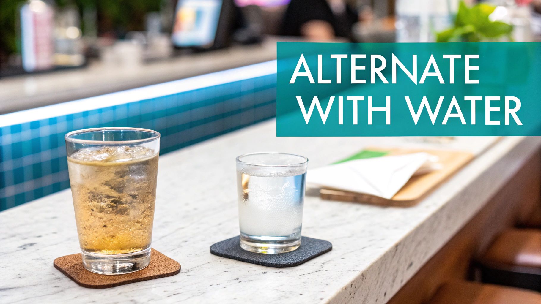 Two glasses on a counter, one with a brown drink and one with water, with text 'Alternate with Water'.