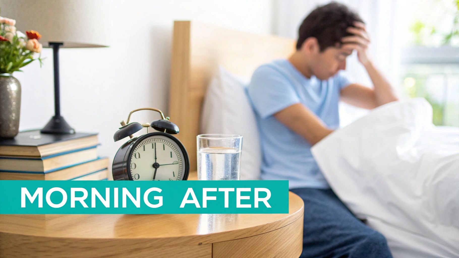 A man sits in bed, appearing to have a headache, with an alarm clock and glass of water on a bedside table.