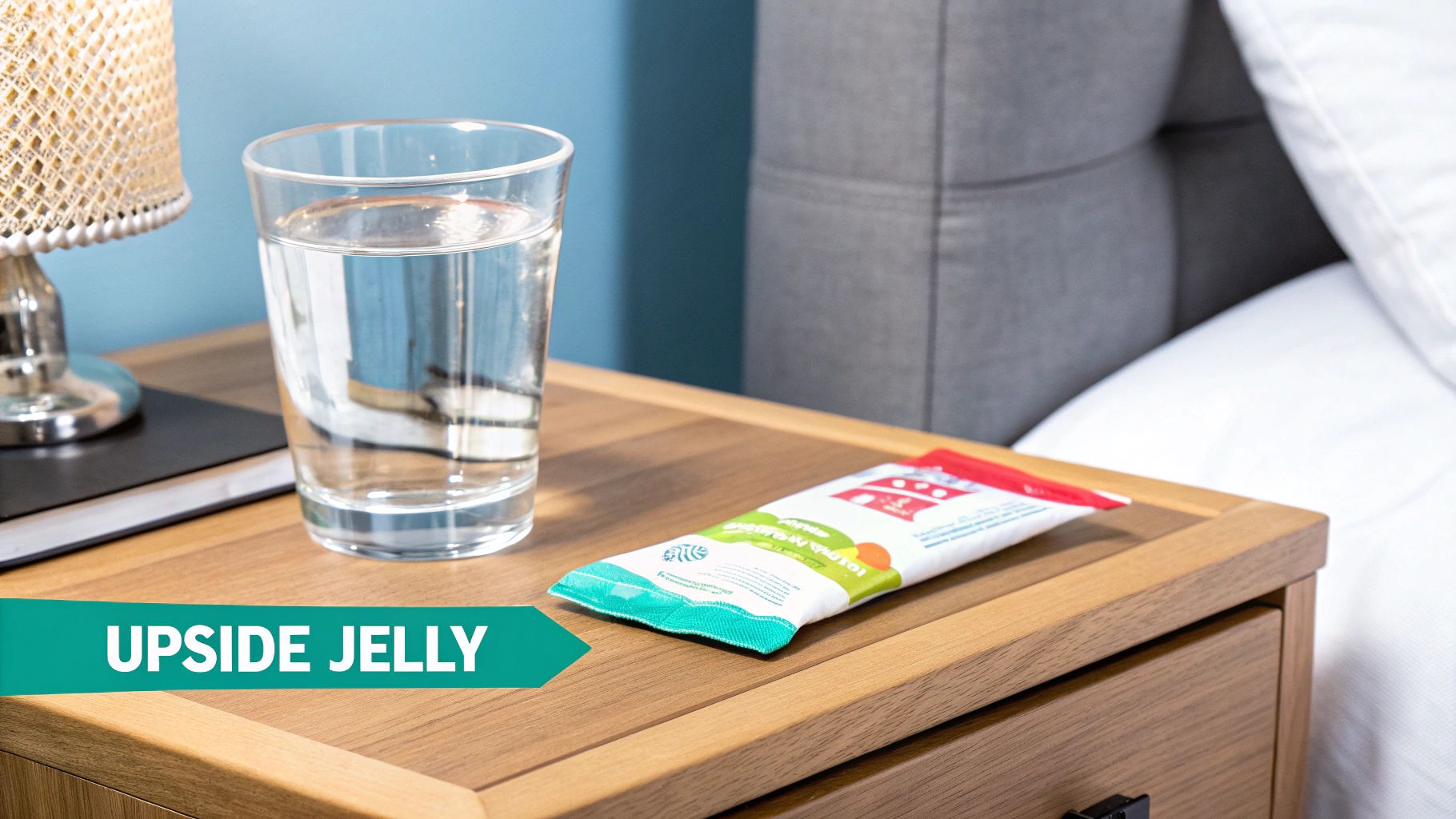 A hand holding an Upside Jelly hangover stick against a blurred background of a social setting