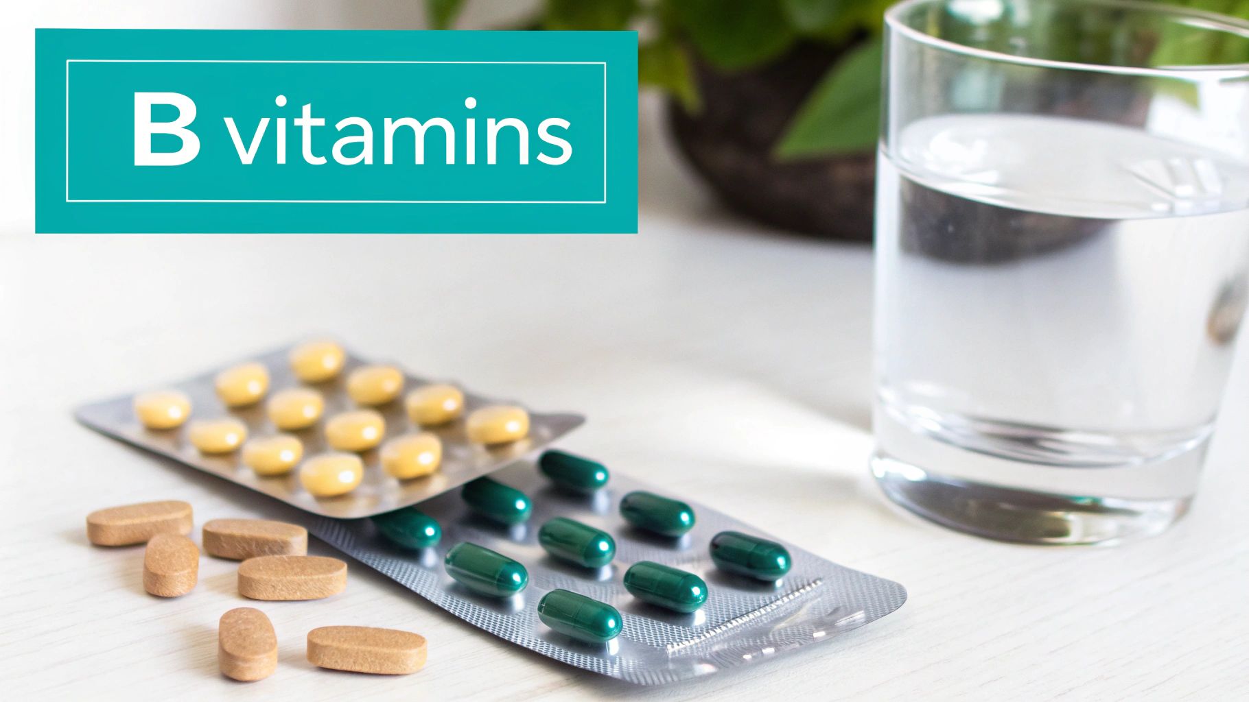 Various B vitamin supplements, including pills and capsules, with a glass of water on a table.