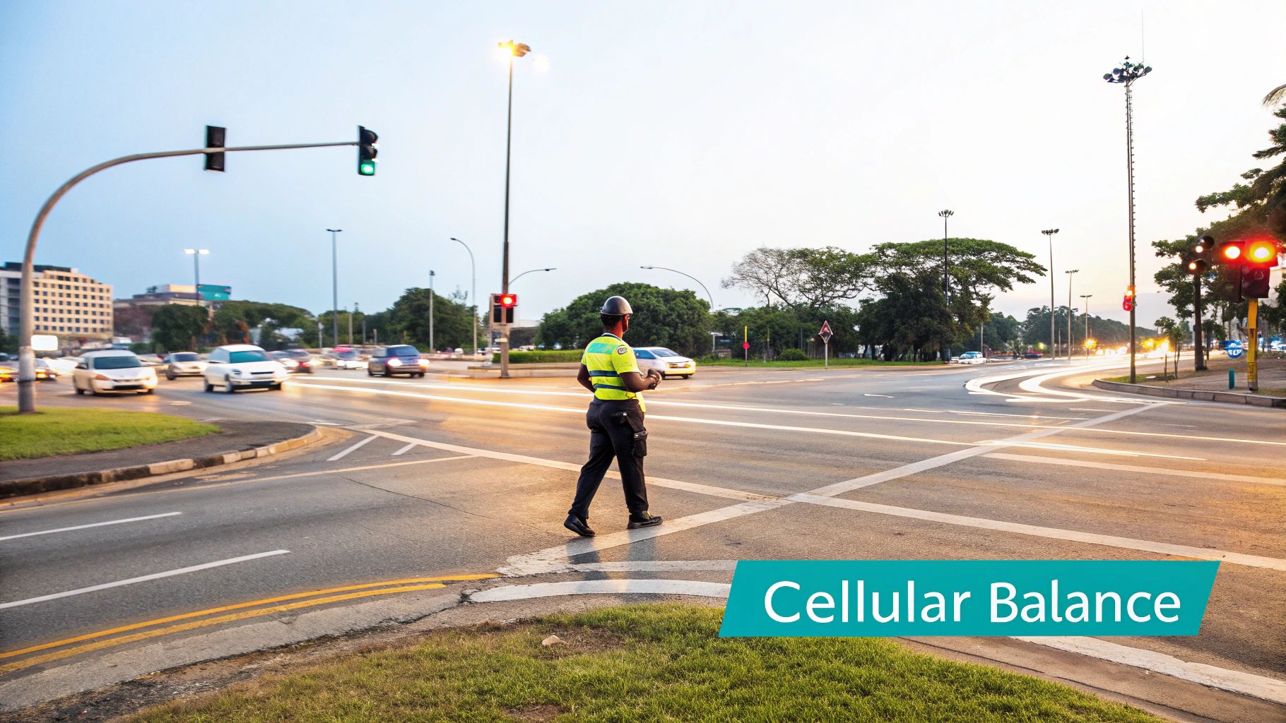 A traffic controller walks across an urban intersection at dusk with cars and streetlights visible.