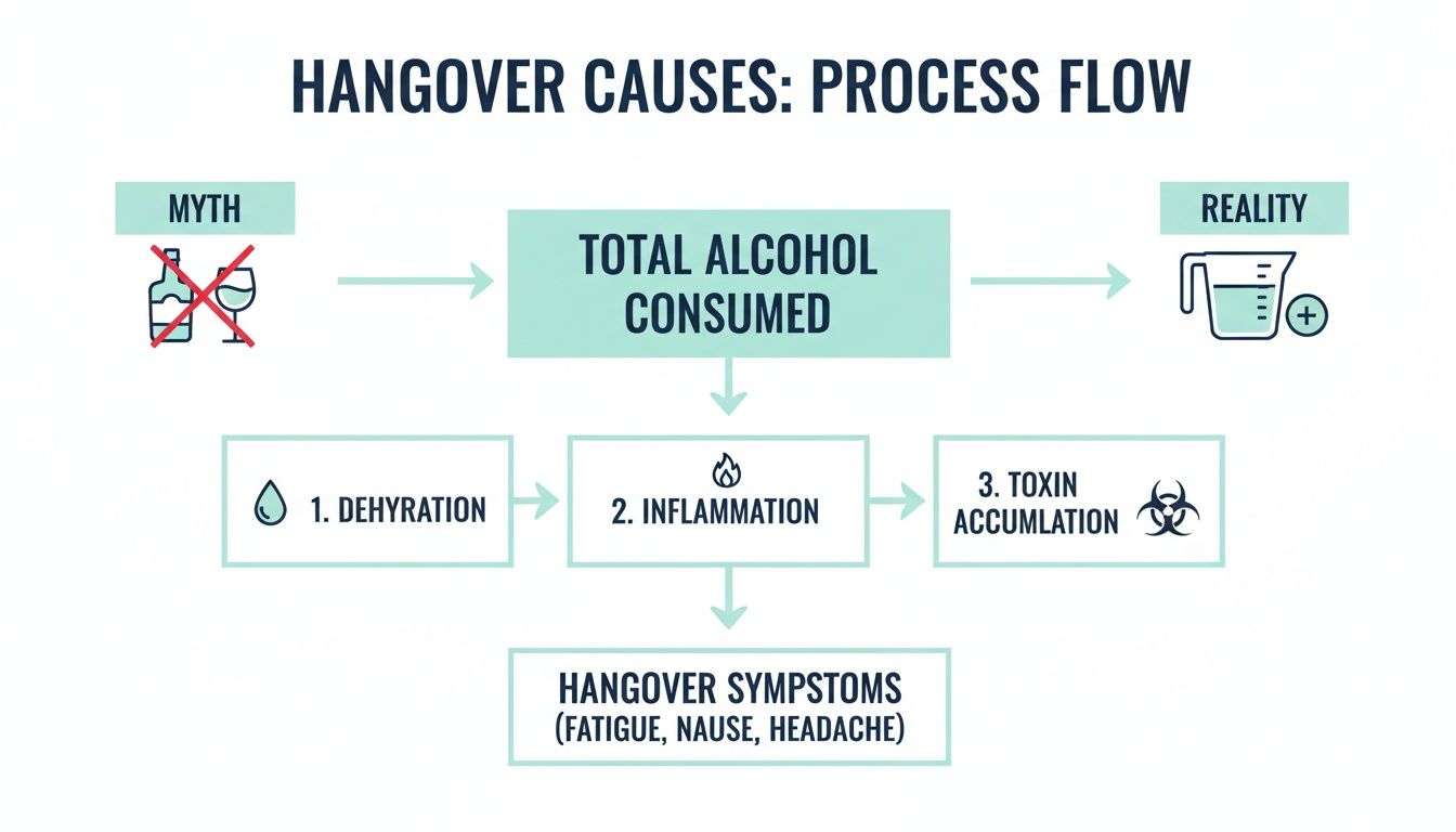 Flowchart illustrating hangover causes: total alcohol consumed leads to dehydration, inflammation, and toxin accumulation, resulting in hangover symptoms.