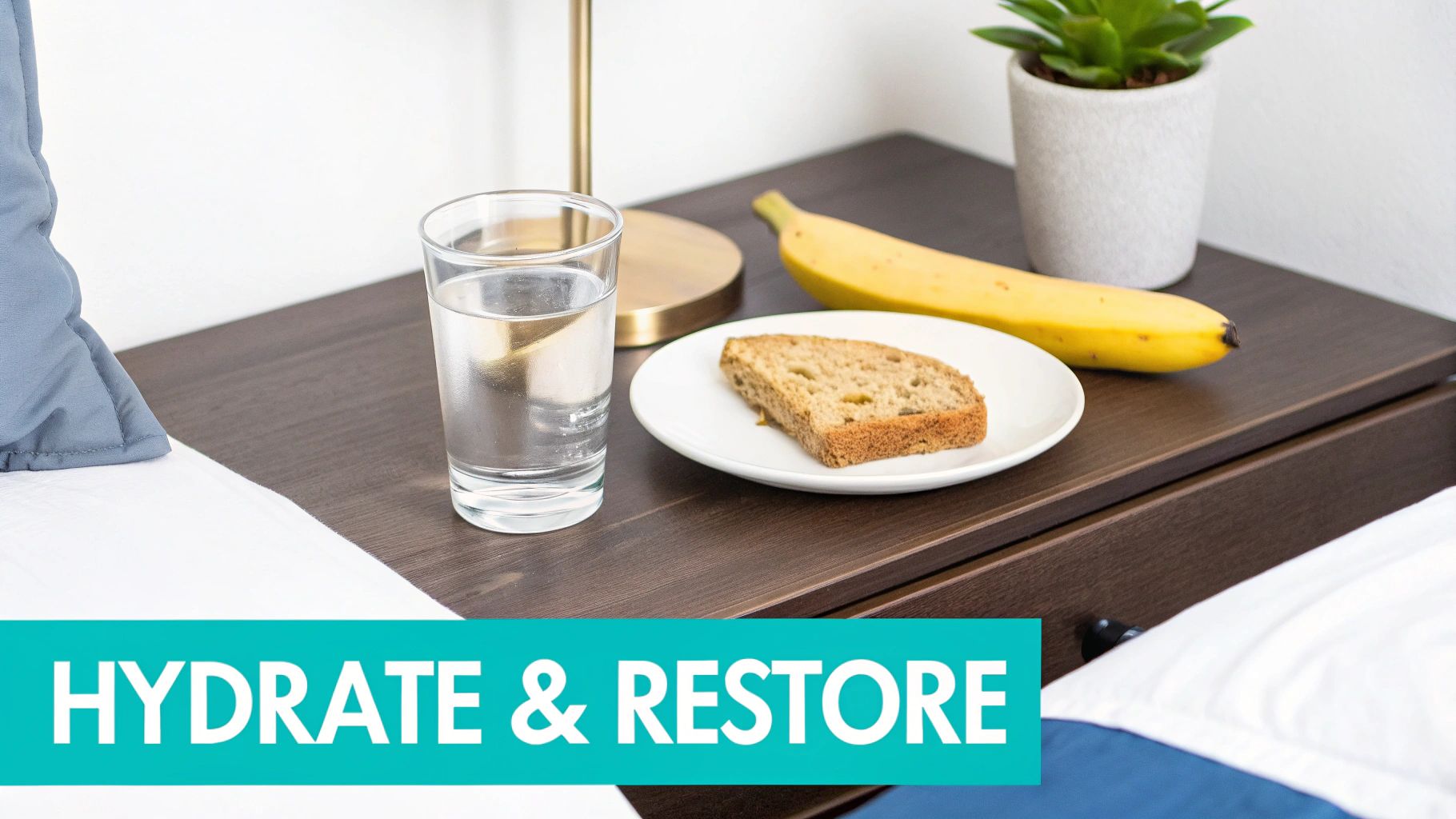 A bedside table with a glass of water, a slice of banana bread, a banana, and a plant.