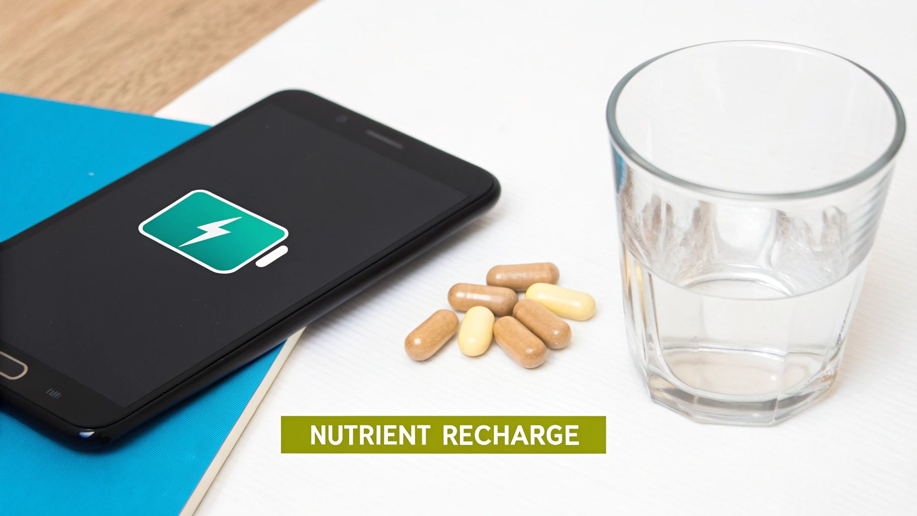 A smartphone displaying a charging battery icon, nutrient pills, and a glass of water on a table.