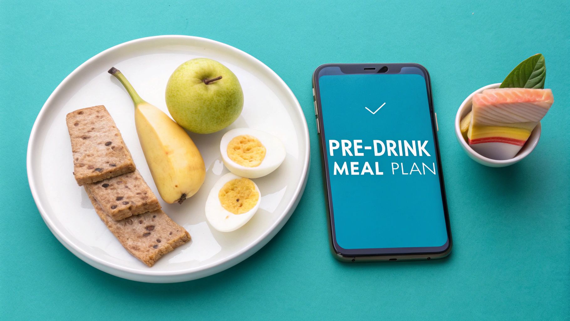 Healthy pre-drink meal plan displayed on a smartphone with a plate of fruit, eggs, and crackers.