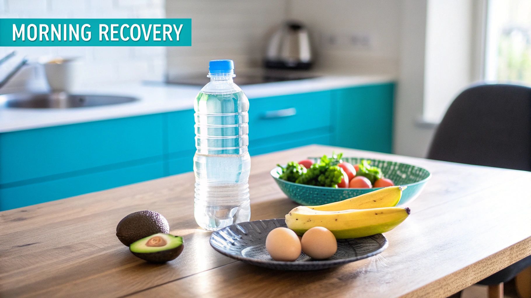 Healthy morning recovery meal featuring a water bottle, fresh fruit, eggs, and salad on a table.