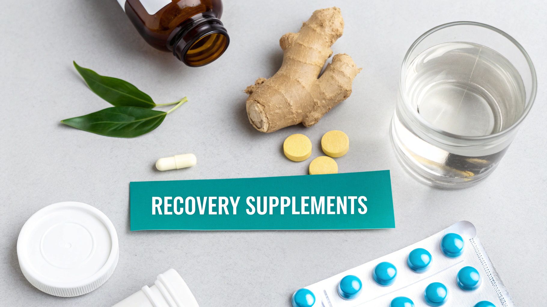 A flat lay of recovery supplements, including pills, ginger, water, and a medicine bottle, on a grey background.