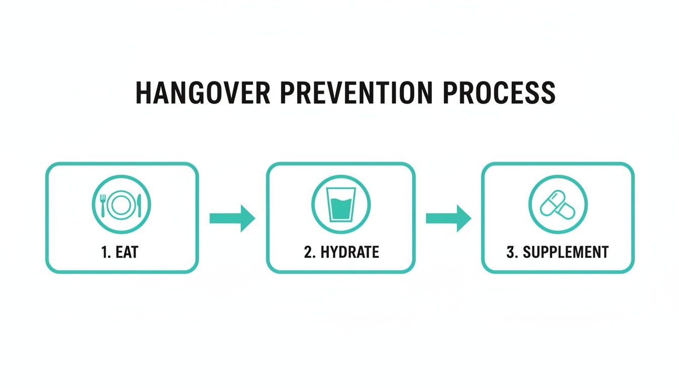 A three-step infographic outlining the hangover prevention process: 1. Eat, 2. Hydrate, and 3. Supplement.