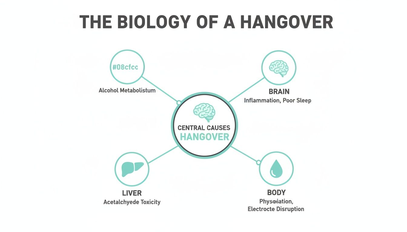 Diagram illustrating the biological causes of a hangover, detailing alcohol metabolism, brain inflammation, liver toxicity, and body dehydration.