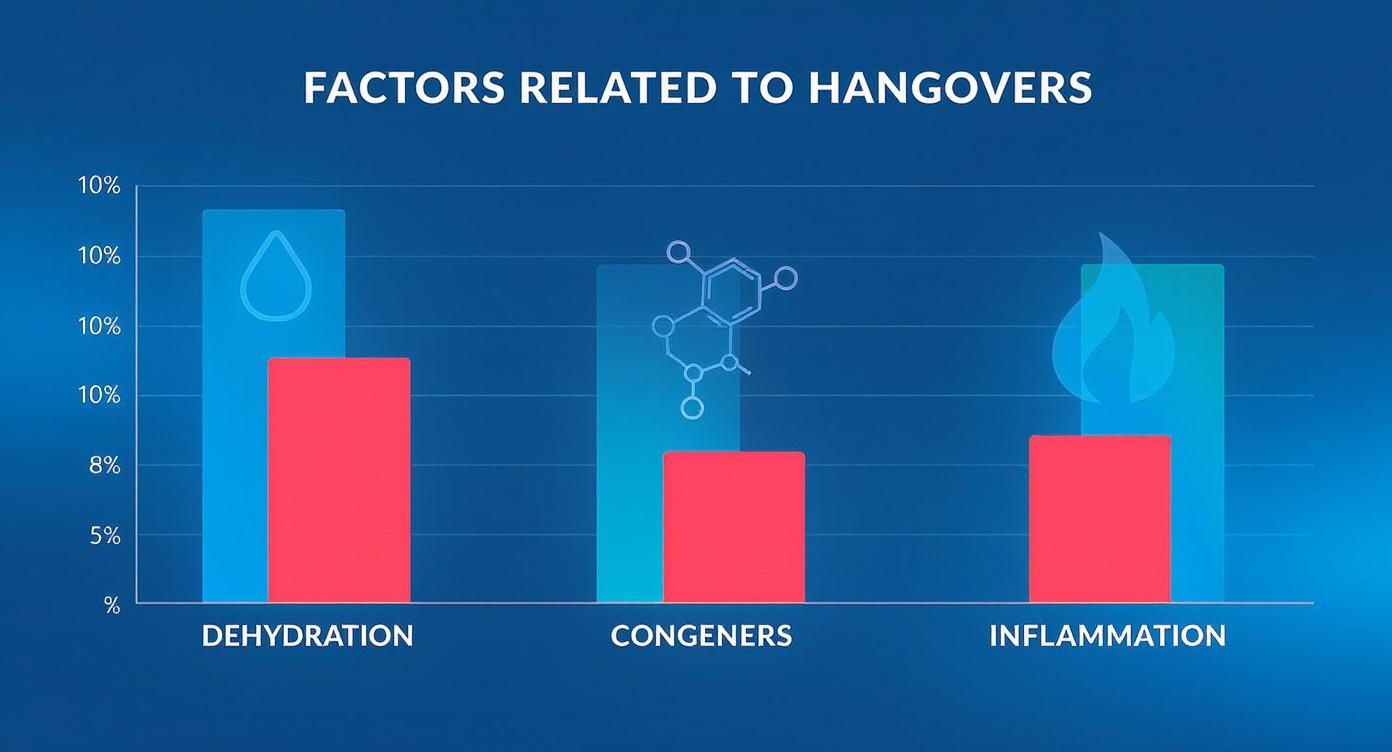 Infographic showing the primary factors contributing to a hangover: Dehydration, Congeners, and Inflammation.