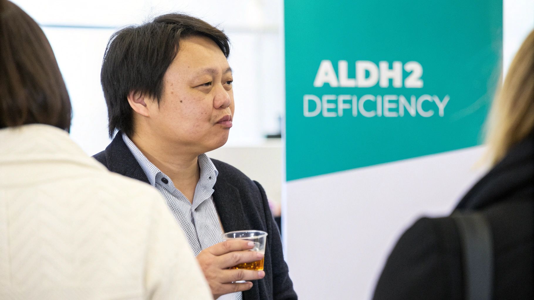 An Asian man holds a drink, looking left, with an 'ALDH2 DEFICIENCY' banner in the background.
