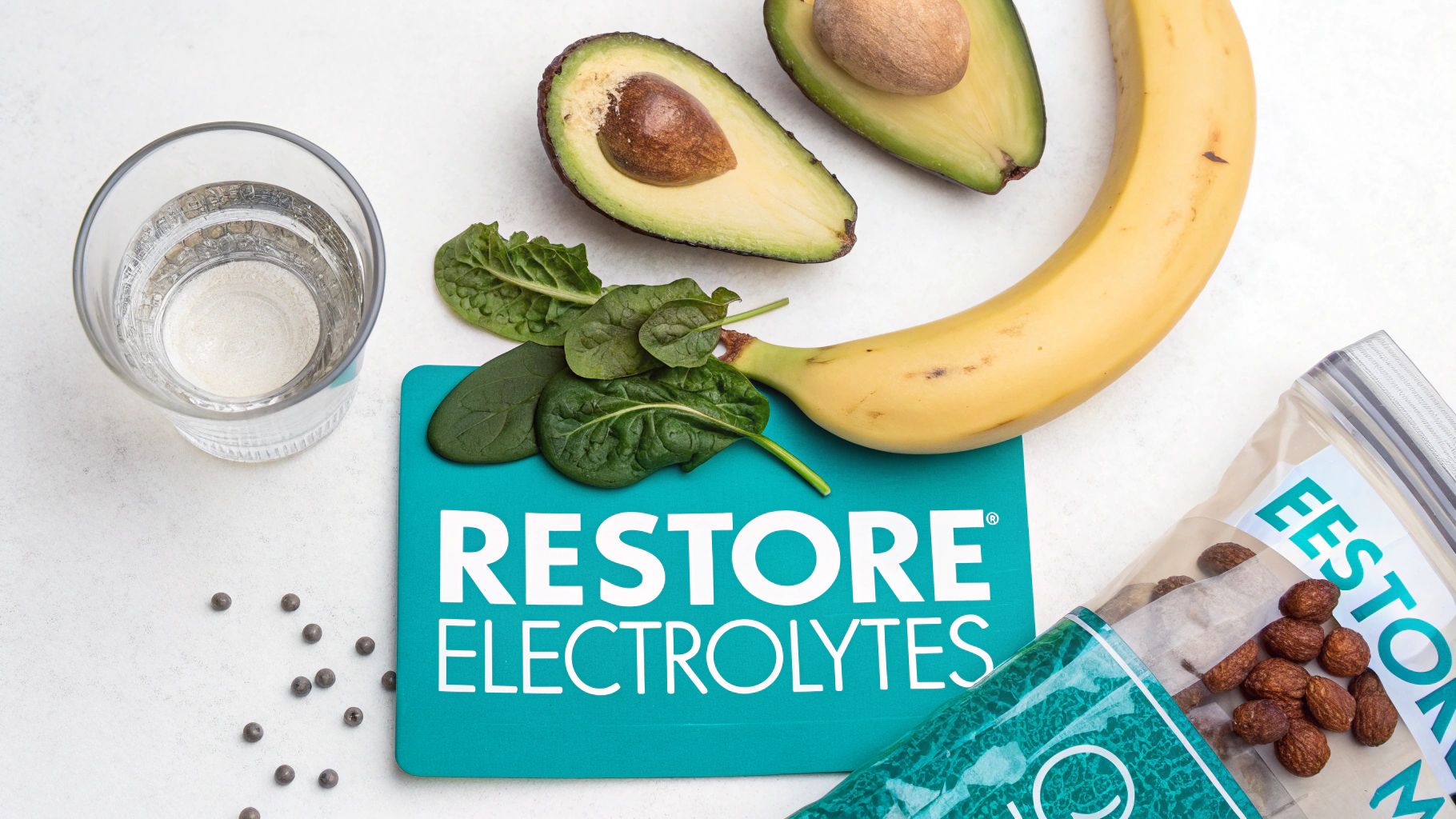 A flat lay of avocado halves, banana, spinach, water, and Restore Electrolytes products.