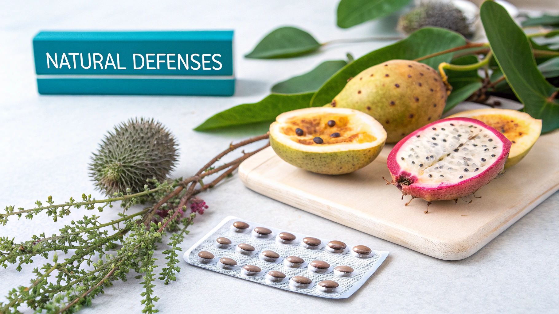 A display of exotic fruits, green herbs, and a blister pack of pills next to a box reading 'NATURAL DEFENSES'.