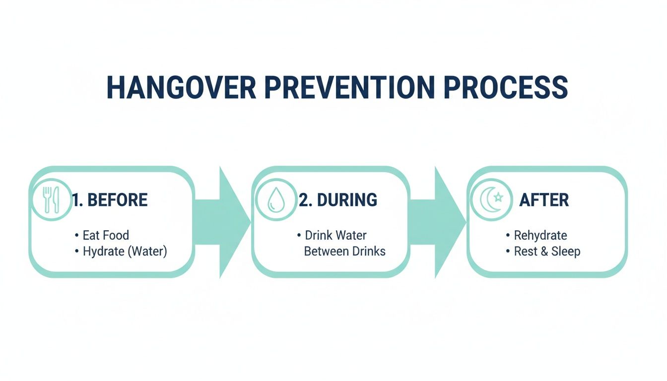 A flowchart detailing the hangover prevention process, with steps covering before, during, and after drinking.
