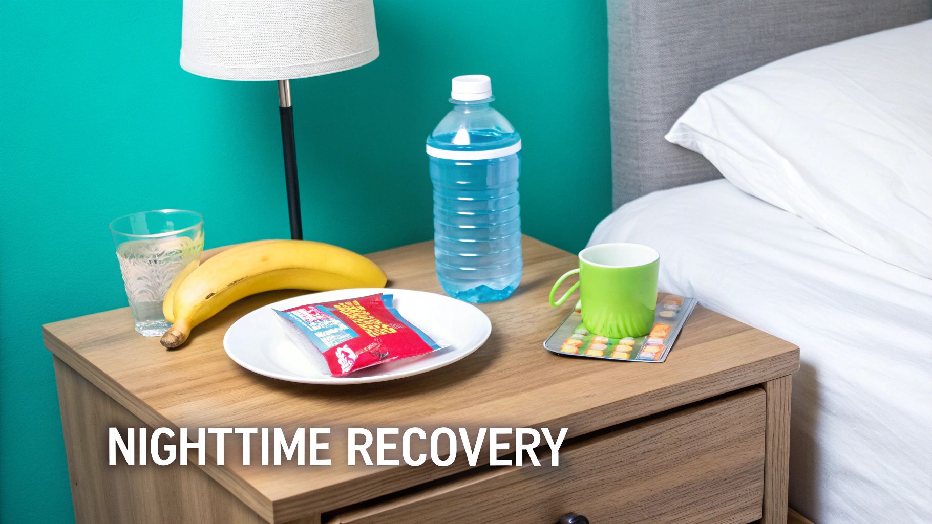 A nightstand with water, banana, snack, and pills next to a bed, labeled 'Nighttime Recovery'.