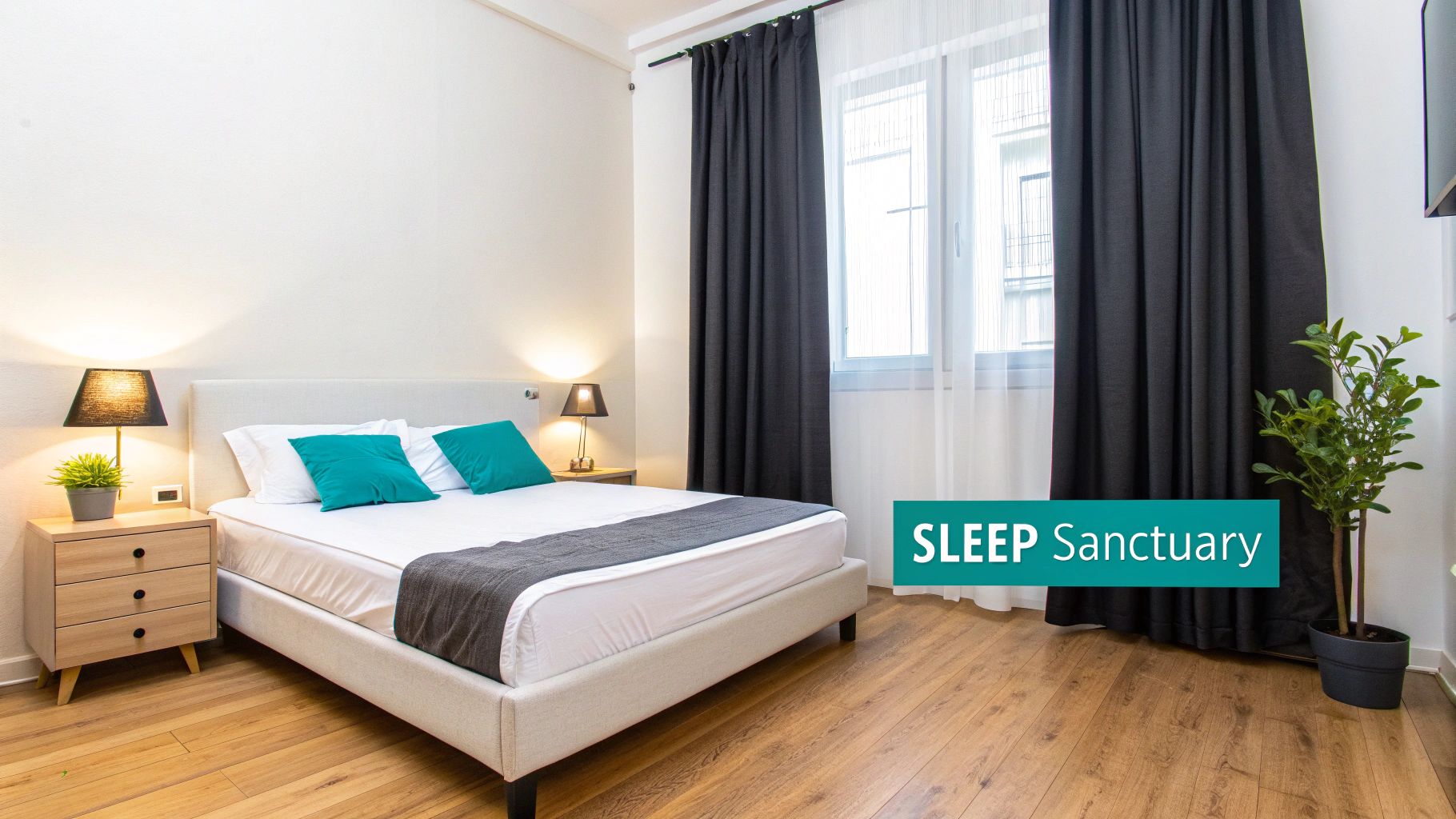 Comfortable and modern bedroom with a bed, nightstands, lamps, and dark curtains, perfect for sleeping.