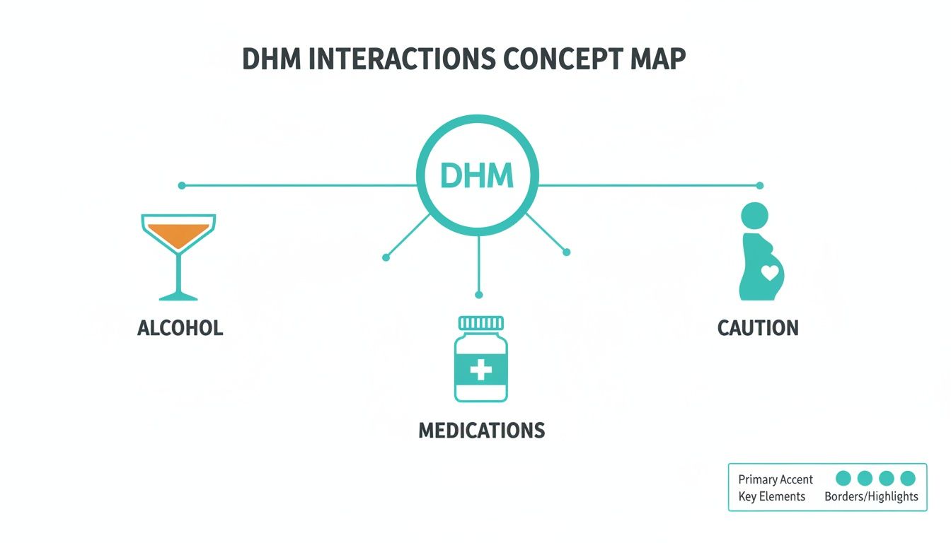 Concept map showing Dihydromyricetin (DHM) interactions with alcohol, medications, and pregnancy for caution.