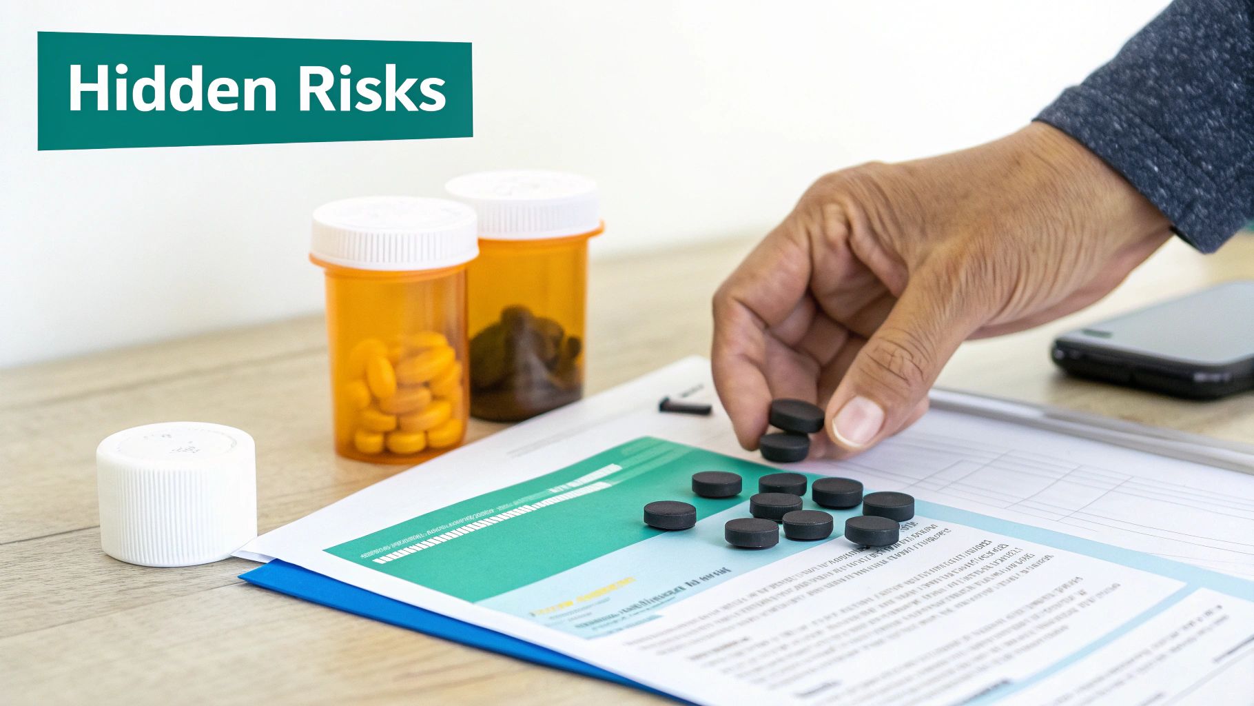 A hand places black pills on a document, next to orange prescription bottles and "Hidden Risks" text.