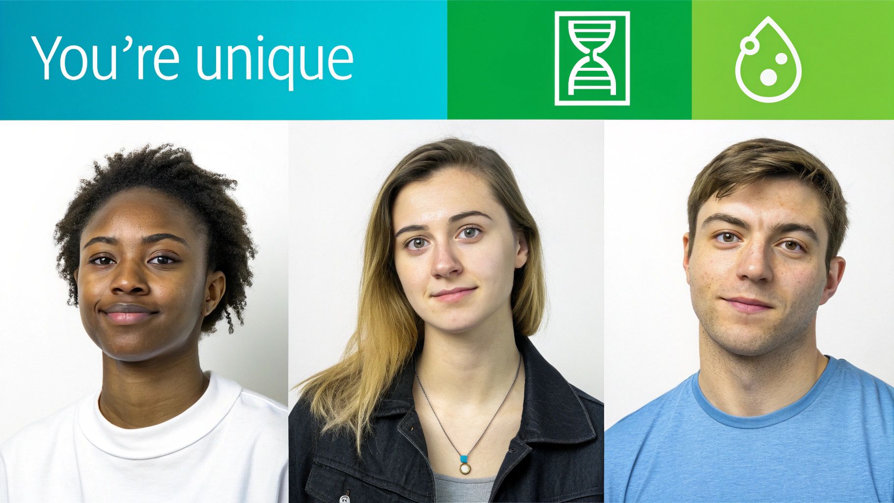 Portraits of three diverse young adults smiling below 'You're unique' text and scientific icons.