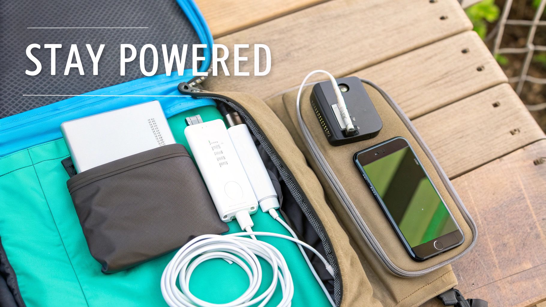 Essential charging gear and a smartphone neatly packed in a travel bag, highlighting mobile power solutions.