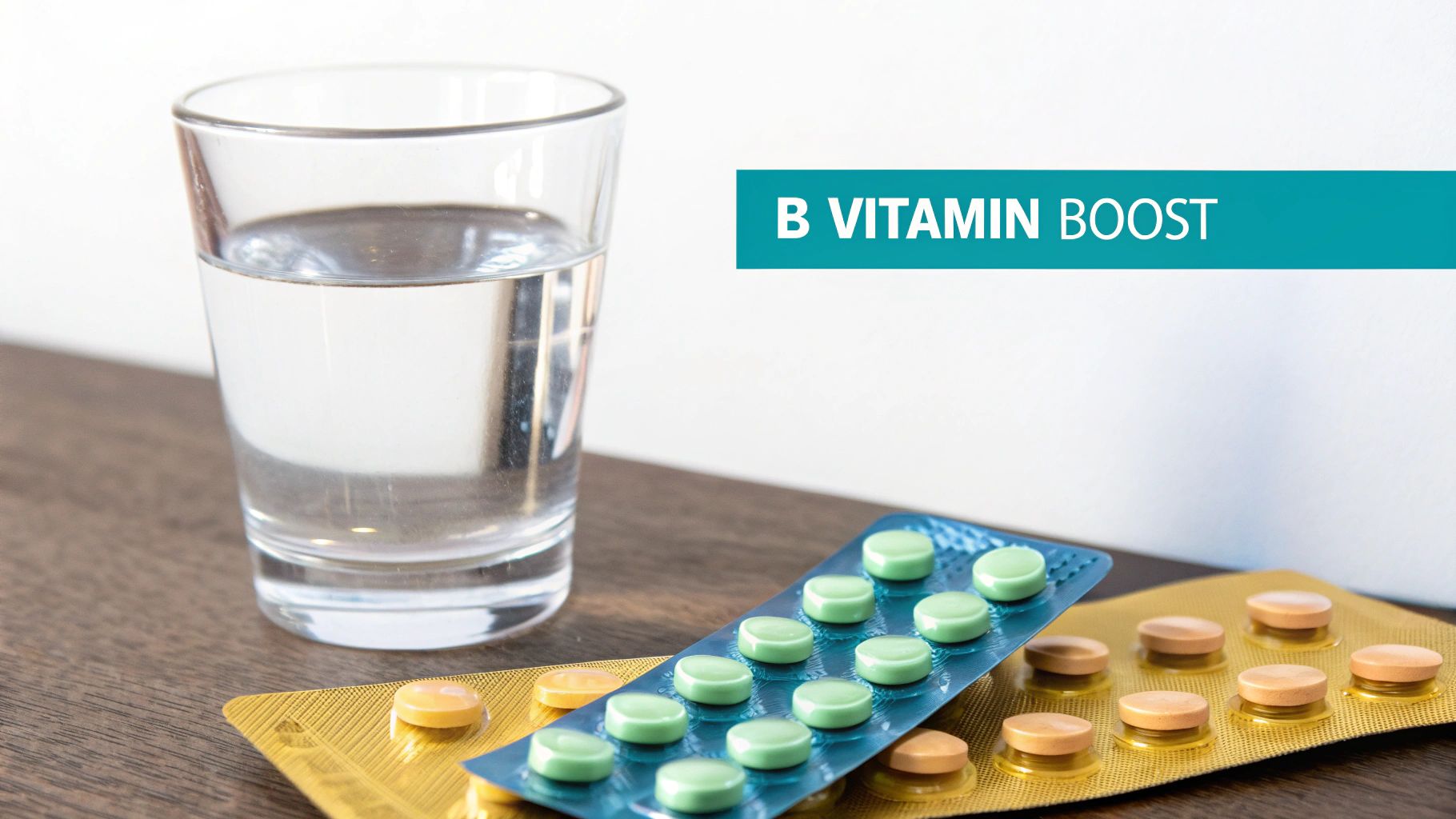 A glass of water next to blister packs of B vitamin boost pills on a wooden table.