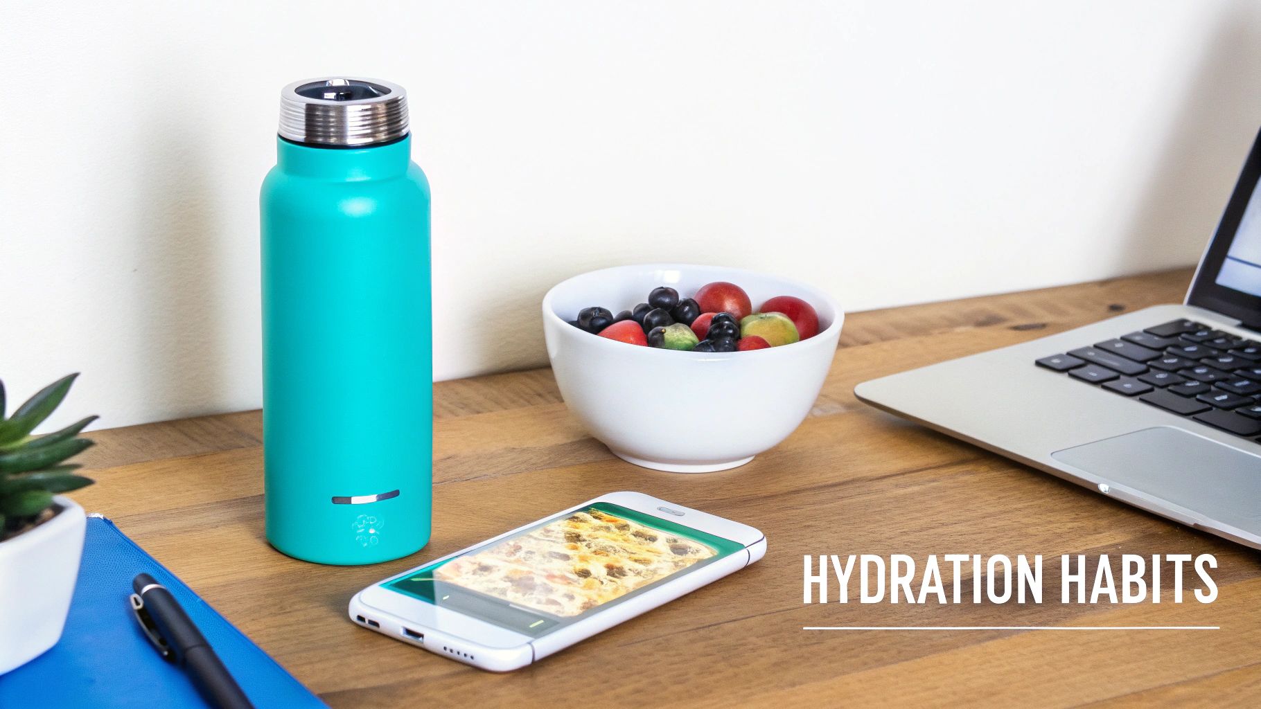 A smart teal water bottle, a bowl of fruit, a phone, and a laptop on a wooden desk.