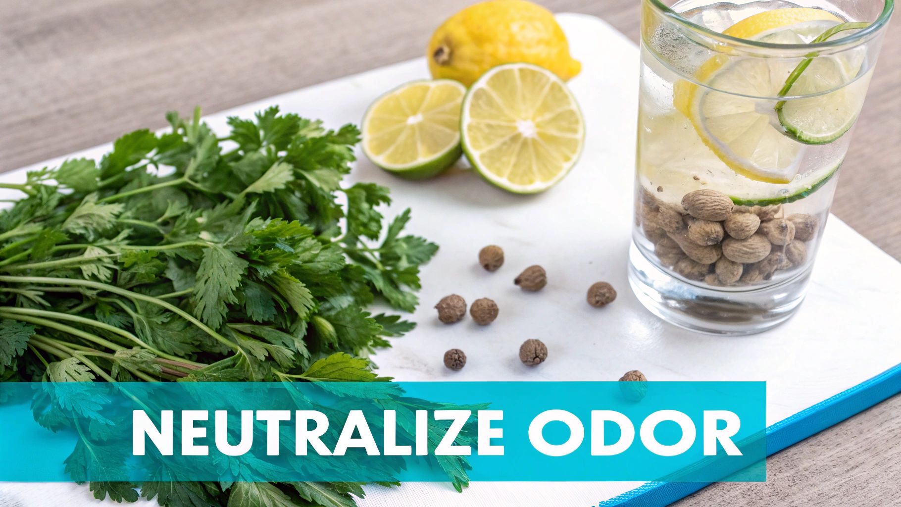 Fresh parsley, mint, and lemon on a wooden board